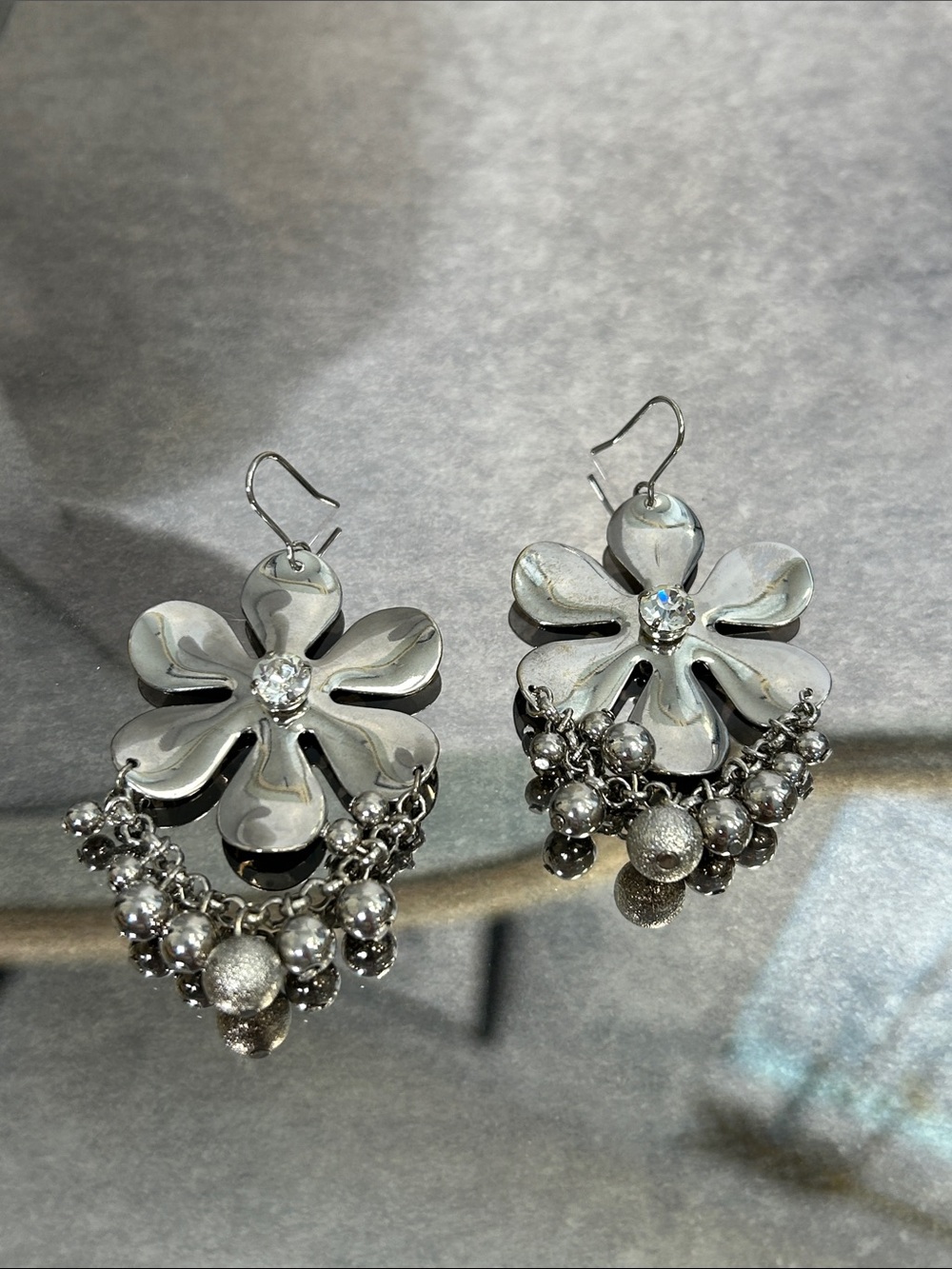 Silver Floral Drop Earrings with Crystal Accent
